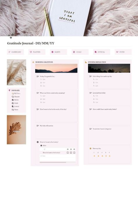 #Gratitude_Journal_Notion #Gratitude_Template #Notion_Journal #Journal_Notion_Template Gratitude Journal Notion, Gratitude Template, Notion Journal, Study Planner Free, Journal Notion, Digital Gratitude Journal, Journal Habit Tracker, Notion Inspo, Meal Prep Planner