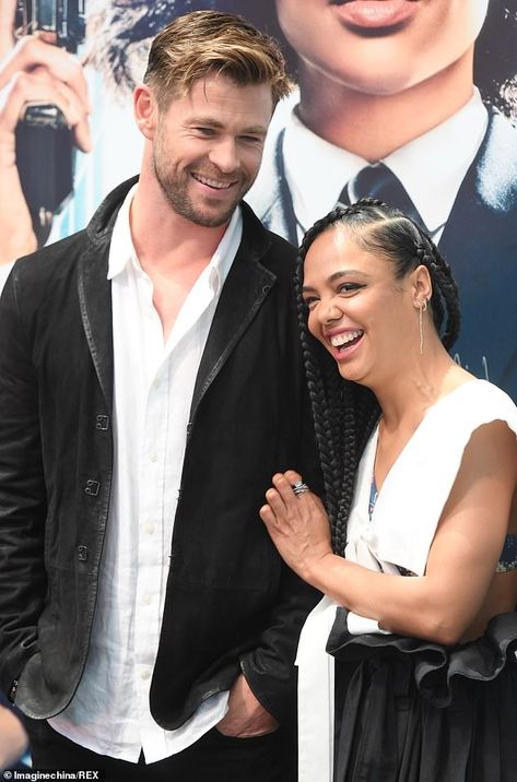 Chris Hemsworth joins Men In Black: International co-star Tessa Thompson at film event in China | Daily Mail Online Chris Hemsworth 90s, Chris Hemsworth Tessa Thompson, Extraction 2 Chris Hemsworth, Tessa Thompson Men In Black, Mib International, Emma Thompson Black And White, Marvel Duos, Chris Hemsworth Black And White, Men In Black International