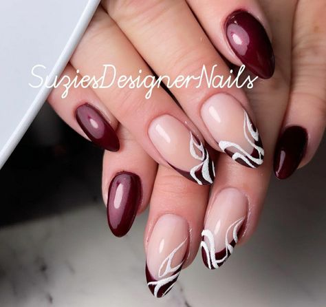 Maroon And White Nails Design, Swirl Nail, Olive Nails, Acrylics Nails, Swirl Nail Art, Maroon Nails, White French Tip, Nude Nail Designs, French Nail Art