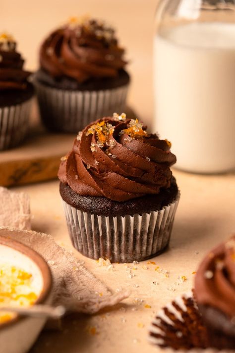 Chocolate Orange Cupcakes - Bright-Eyed Baker Orange Chocolate Cupcakes, Orange Cupcake Recipe, Chocolate Orange Ganache, Orange Ganache, Chocolate Orange Cupcakes, Whipped Chocolate Ganache, Pumpkin Spice Cheesecake, Candied Lemon Peel, Giant Chocolate Chip Cookie