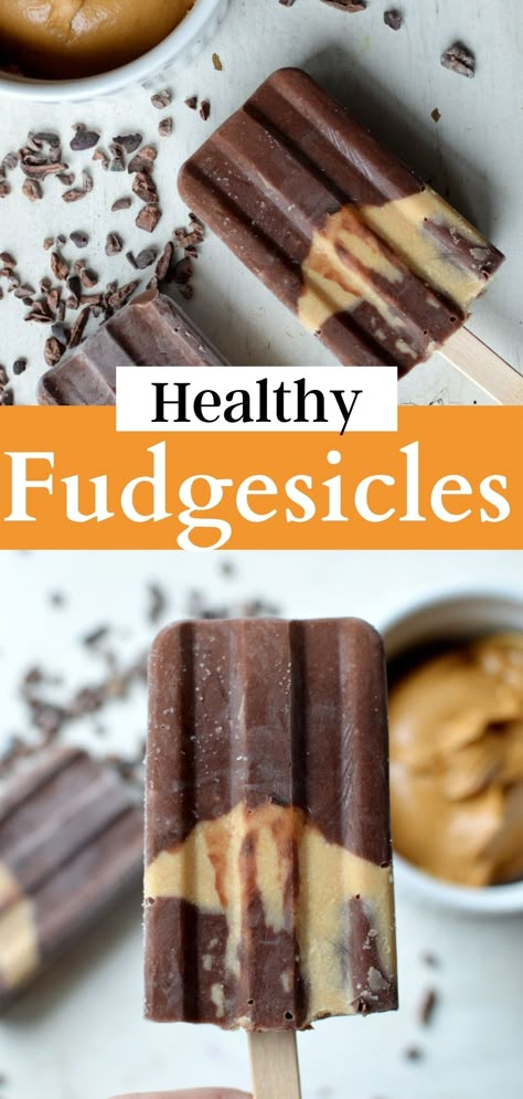 Chocolate popsicles with a peanut butter swirl Healthy Popcicles Recipes For Kids, Chocolate Peanut Butter Banana Popsicles, Diet Treats Healthy, Healthy Fudge Popsicle Recipes, Frozen Popsicle Recipes Healthy, Greek Yogurt Fudgesicles, Paleo Popsicle Recipes, Banana Peanut Butter Popsicles, Dairy Free Fudgesicles