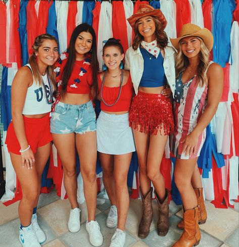 Red White And Blue Bachelorette Party Outfit, Usa Outfit Ideas Spirit Week, Red White And Blue Themed Party, America Dress Up Day Spirit Week, American Theme Outfit, Patriotic Dress Up Day For School, Usa Hoco Theme, Fourth Of July Spirit Week, Patriotic Spirit Day Outfit