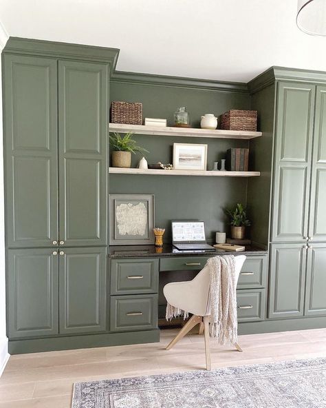 Moody Home Office, Green Home Offices, Moody Home, Built In Wall Units, Transitional Home Office, Small Office Design Interior, Home Office Decor Ideas, Small Office Design, Office Built Ins