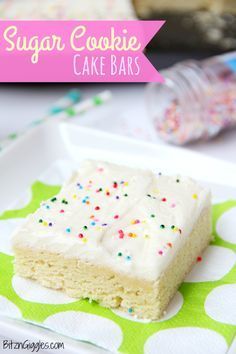 Sugar Cookie Cake Bars - Soft and chewy bars topped with decadent buttercream frosting and colorful sprinkles ~ perfect for a party and makes enough for a crowd! Cookie Cake Bars, Holiday Dessert Platter, Sugar Cookie Cake, Eggnog Recipes, Chewy Bars, Sugar Cookie Cakes, Dessert Platter, Cookies Cake, Jelly Roll Pan