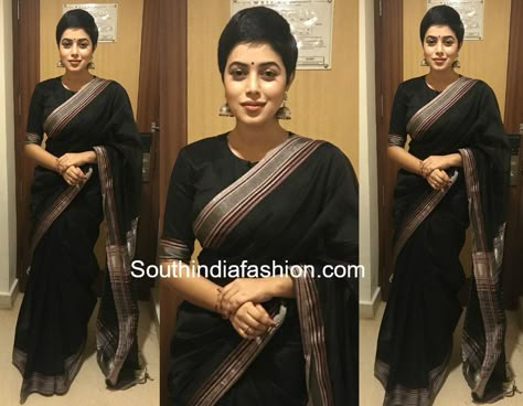 Poorna in a black saree Boycut Saree Look, Saree With Short Hair, Saree Short Hair, Short Hair Photo, Black Cotton Saree, Elegant Short Hair, Round Boat, Handloom Cotton Saree, Saree Hairstyles