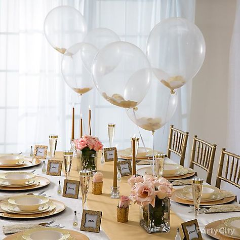 Gold Table Runners, Birthday Party Centerpiece Ideas, Bridesmaid Luncheon, Party Centerpiece Ideas, Clear Balloons, Blush Wedding Theme, Elegant Wedding Reception, City Party, Balloon Centerpiece