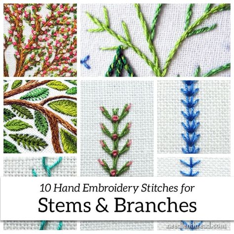 10 Hand Embroidery Stitches for Stems & Branches – NeedlenThread.com Embroidery Stitches For Beginners, Embroidery Stitches Flowers, Cat Embroidery, Crewel Embroidery Kits, Needlepoint Stitches, Embroidery Stitches Tutorial, Hand Work Embroidery, Hand Embroidery Projects, Brazilian Embroidery