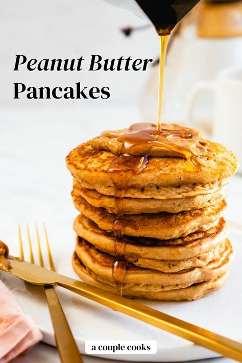 These peanut butter pancakes are fluffy and full of flavor! Top them with bananas, maple syrup and...another slather of peanut butter. | breakfast ideas | dessert recipes | healthy snacks | pancake recipe | peanut butter recipes | vegetarian recipes | #peanutbutter #pancakes #peanutbutterpancakes #easypancakes Oatmeal Blender Pancakes, Peanut Butter Pancake Recipe, Cold Dip Recipes, Blender Pancakes, Peanut Butter Pancakes, Butter Pancakes, A Couple Cooks, Homemade Peanut Butter Cups, Pancake Toppings