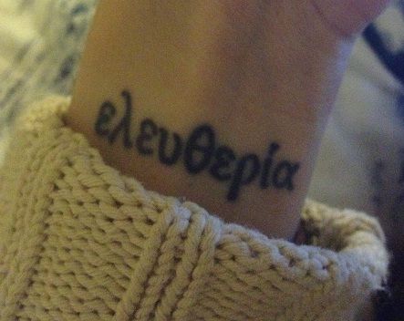 "Eleutheria", the Greek word for freedom or Liberty tattoo Ancient Greek Tattoo, Wrist Tattoos Words, Liberty Tattoo, Freedom Tattoos, Greek Tattoos, Tat Ideas, True North, Ink Ideas, Greek Words