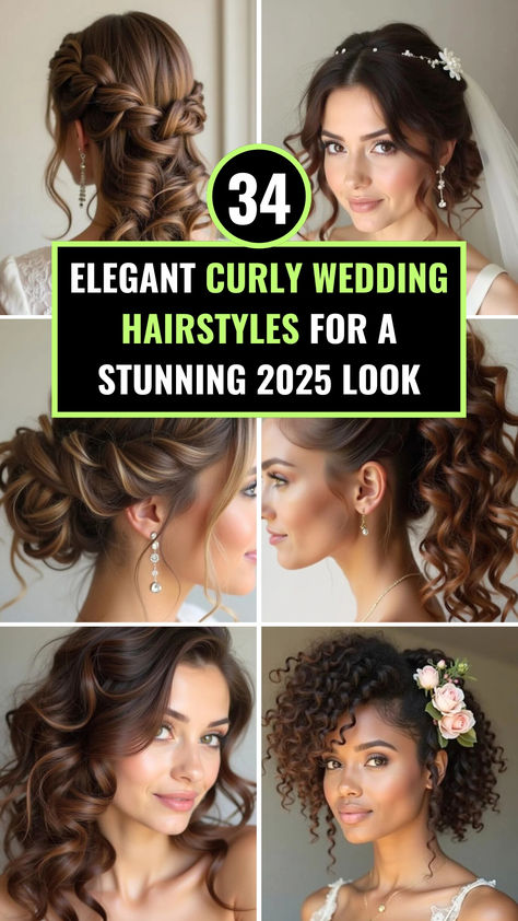 34 Elegant Curly Wedding Hairstyles for 2025 featuring stunning updos, loose curls, and romantic bridal styles. Perfect inspiration for brides, bridesmaids, and wedding guests looking for timeless elegance and modern beauty. Curly Hairstyles Updo Wedding, Updo Wedding Guest Hairstyles, Down Hairstyles For Wedding Guest, Bautizo Hairstyle, Wedding Hairstyles Short Curly Hair, Curly Updo Bride, Wedding Hairstyles For Square Neckline, Wedding Hairstyles For Naturally Curly Hair, Wedding Hairstyles For Plus Size Brides