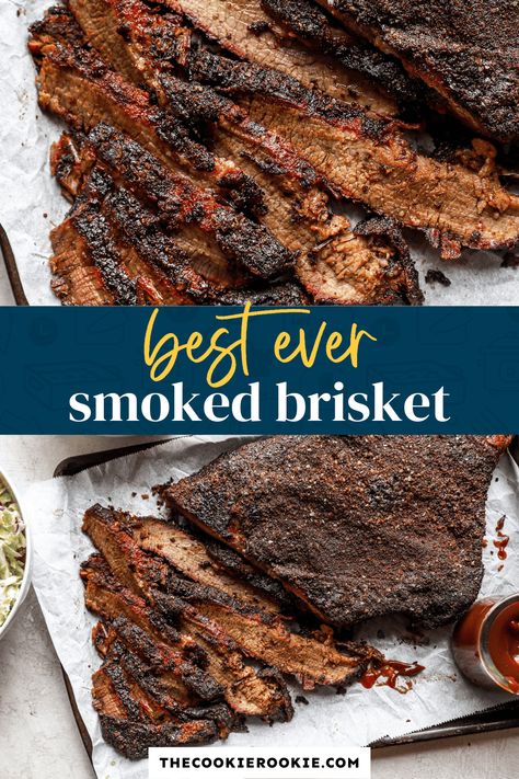 This Texas-style Smoked Brisket recipe will be the star of the the barbecue! With just a few simple seasonings, you can infuse the most delicious sweet and smokey flavor into this tender beef. Follow this easy recipe and learn how to smoke a brisket for game day tailgating, summer BBQs, and more! Best Smoked Brisket, Slow Smoked Brisket, Grilled Brisket, Brisket Recipes Smoked, Camping Foods, Brisket Recipe, Jo March, Fantastic Recipes, Bbq Brisket