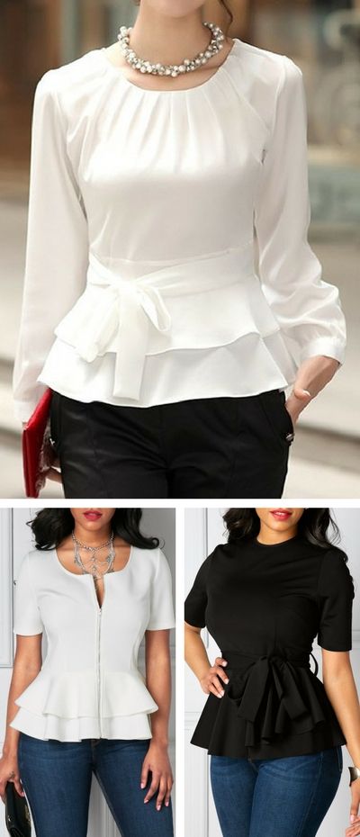 Elegant 3/4 Sleeve Tops For Work, Elegant Long Sleeve Wrinkle-resistant Tops, Office Tops Blouses Work Wear, Elegant Tops Classy, Chic White Top With 3/4 Sleeves, Chic White 3/4 Sleeve Top, Elegant Tops And Blouses, Flared Tops, Elegant White Shirt With 3/4 Sleeves