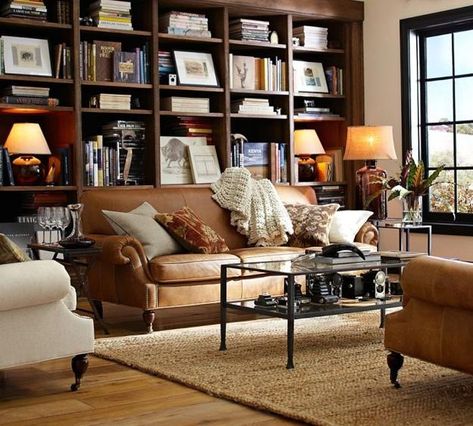 Space Saving Room Furniture Placement Ideas, Putting Bookcases and Shelves Behind Sofas and Beds Dark Furniture Living Room, Behind Sofa, Pottery Barn Living Room, Jute Rug Living Room, Living Room Decor Brown Couch, Leather Living Room Furniture, Best Leather Sofa, Dark Living Rooms, Barn Living