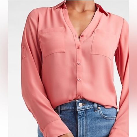 Express Salmon Pink Slim Fit Portofino Top Pink Ladies Outfit, Salmon Pink Color, Portofino Shirt, Pink Outfits, Salmon Pink, Factory Outlet, Pink Shirt, Summer Clothes, Pink Tops