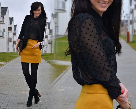 b5a1fc2085986034e448d2ccc5bb9703desc49364485ri Mustard Skirt Outfit, Yellow Skirt Outfit, Yellow Skirt Outfits, Black Chiffon Shirt, Mustard Yellow Skirts, Mustard Skirt, Black Sheer Top, Yellow Skirt, Skirt Outfit