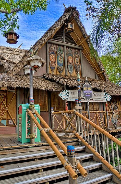 tiki room ideas | TIki Room Polynesian Restaurant Design, Disneyland Tiki Room, Adventureland Aesthetic, Tiki Backyard, Boho Cafe, Tikki Bar, Tiki House, Up Disney, Volcano Bay