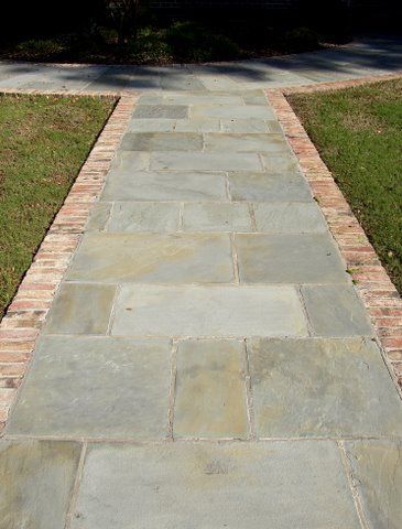 Select Blue Bluestone Walkway with Brick Paver Borders | Walkways ... Farmhouse Walkway, Bluestone Walkway, Wood Walkway, Concrete Path, Brick Edging, Walkway Landscaping, Brick Walkway, Outdoor Walkway, Paver Walkway