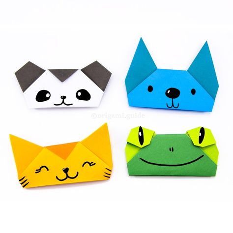 Learn how to make some fun origami animal finger puppets! These origami animal faces are a great origami project to make with kids, they are each made with 1 sheet of square paper. Origami Cat Face, Origami Fortune Teller, Origami Guide, Animal Finger Puppets, Origami Toys, Origami Animal, Origami Frog, Kids Origami, Origami Models