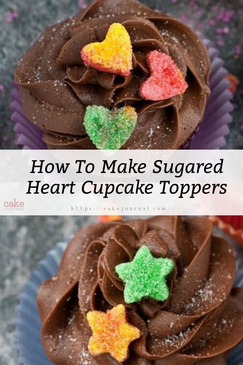 Star and heart sugar decorations for cupcakes in different colors. Cupcake With Chocolate Topper, Edible Cupcake Toppers Diy, Easy Fondant Cupcake Toppers, How To Make Alcohol Infused Cupcakes, Small Cupcakes, Edible Toppers, Heart Cupcakes, Edible Cupcake Toppers, Chocolate Molds