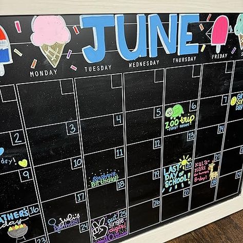 Chalkboard Calendar and Chalk Markers! Chalkboard Wall Calendar Ideas, June Chalkboard Calendar Ideas, February Chalkboard Calendar, May Chalkboard Calendar, Chalkboard Calendar Ideas, Chalk Calendar, Holiday Drawings, Weekly Chalkboard, Chalkboard Wall Calendars