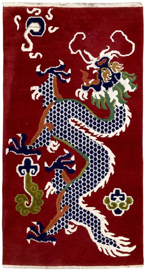 Vintage Tibetan Dragon Rug 1.76m x 0.92m - Decorative Collective Dragon Rug, Tibetan Dragon, Tibetan Rugs, Japanese Artwork, Selling Antiques, Rugs And Carpet, Vintage Images, Floor Rugs, Rugs On Carpet