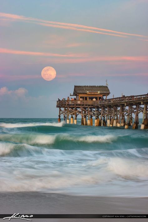 Awesome full moon rise over the Cocoa Beach Pier in Cocoa Beach Florida in Brevard County. HDR image tone mapped using Aurora HDR osftware by Macphun. Cocoa Beach Florida, Full Moon Rising, Beach Pier, Clearwater Florida, Moon Rising, Florida Living, Visit Florida, I Love The Beach, Cocoa Beach