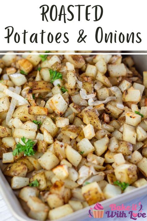 Roasted potatoes & onions are a simple and easy side dish that pairs well with everything and everyone loves! They are seasoned with some common spices and tossed in oil for an effortless addition to any meal. Go ahead and make extra, because you won't have any leftovers here! BakeItWithLove.com #bakeitwithlove #roasted #potatoes #onions #side #recipe Oven Breakfast Potatoes, Roasted Potatoes And Onions, Potatoes Dauphinoise, Potatoes And Onions, Potatoes In Oven, Leftover Potatoes, Roasted Red Potatoes, Oven Roasted Potatoes, Potatoes Onions