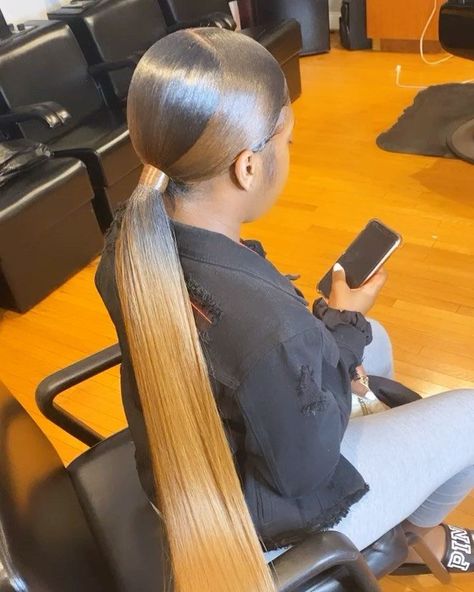 Ombre Ponytail Weave, Sleek Blonde Ponytail Black Women, Blonde Slick Back Ponytail, Ponytail With Bundles, Blonde Ponytail Black Women, Swoop Ponytail Weave, Swoop Ponytail, Ginger Blonde Hair, Slick Back Ponytail