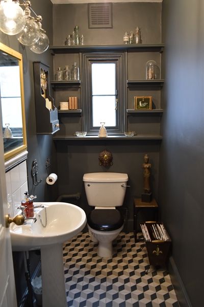 Dark Grey Downstairs Toilet, Dark Grey Slate Bathroom, Dark Blue Cloakroom Toilet, Grey Victorian Bathroom, Victorian Cloakroom Toilet, Uk Farmhouse, Victorian Bathrooms, Grey Colour Scheme, Dark Gray Bathroom