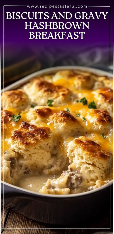 This Biscuits and Gravy Hashbrown Breakfast Casserole is the ultimate comfort food to start your day off right. Layers of fluffy biscuits, creamy sausage gravy, and crispy hashbrowns, all baked together to create a deliciously satisfying breakfast dish that your family will love. #biscuitsandgravy #breakfastcasserole #comfortfood #hashbrowns #brunchideas #eggs #cheddarcheese Quick Breakfast Casserole, Hashbrown Breakfast Casserole Recipe, Biscuit And Gravy Bake, Breakfast Gravy, Hashbrown Breakfast, Breakfast Casserole With Biscuits, Sausage Gravy And Biscuits, Biscuits And Gravy Casserole, Family Breakfast Recipes