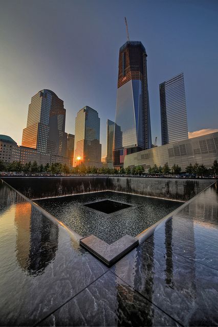 One World Trade Center building in-progress (circa 2012) and reflections in the South Memorial Pool at the National September 11 Memorial. #wtc #nyc #911memorial #september11th Nine Eleven Memorial, Travel Honeymoon, Voyage New York, Twin Towers, Nyc Trip, City That Never Sleeps, Trade Center, Nova York, World Trade