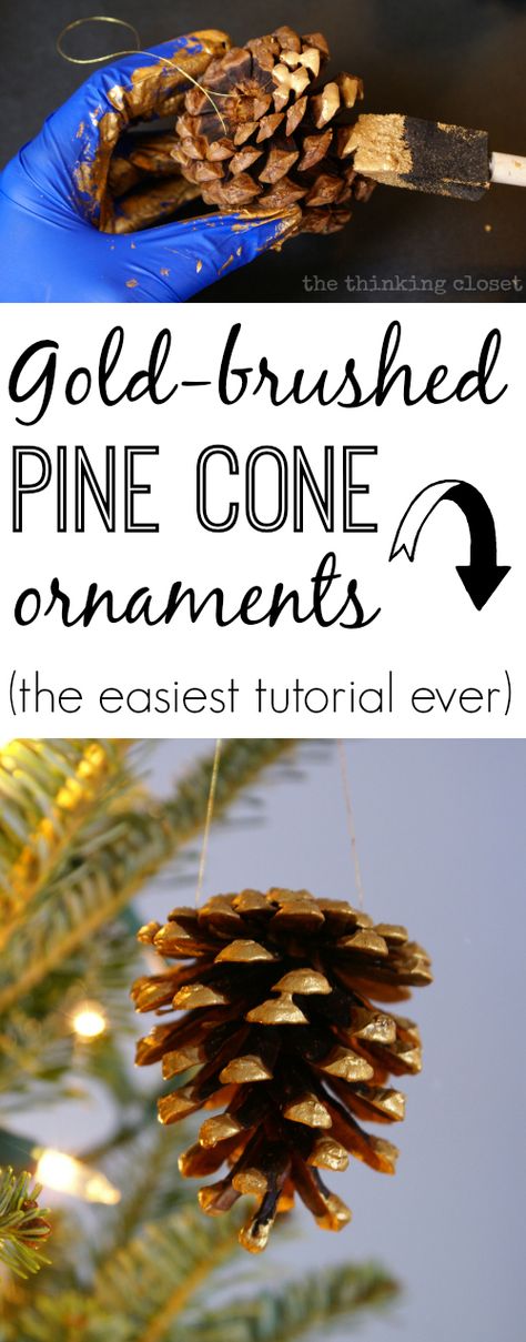 Gold-Brushed Pine Cone Ornaments. Add some rustic glam to your tree! (Easiest tutorial ever.) Period Aesthetic, Dresses Illustration, Pine Cone Ornaments, Period Dresses, Cone Ornaments, Pine Tree Painting, Country Christmas Trees, Glam Christmas Decor, Pine Cone Christmas Tree