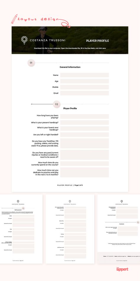 Fillable PDF Form Design for Costanza Trussoni Golf | Feminine | User Experience | Professional Form Design Layout, Pdf Form Design, Fillable Forms, Graphic Design Flyer, Graphic Design Trends, Form Design, Class Projects, User Experience, Content Creation