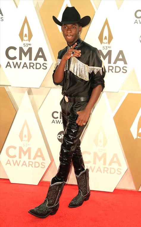 2019 CMA Awards: Lil Nas X Comes Correct | Tom + Lorenzo Lil Nas Cowboy Outfit, Lil Nas X Cowboy Outfit, Lil Nas Cowboy, Lil Nas X Cowboy, Lil Nas X Outfit, Disco Outfit Men, Space Cowboy Costume, Cowboy Outfit Men, Western Disco