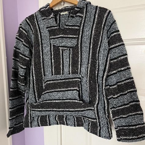 Drug rug! Fits like a large - Depop Mexican Baja Hoodie, Hippie Hoodie, Baja Hoodie, Striped Hoodie, Hooded Coat, Printed Sweater, White Hoodie, Men's Coats And Jackets, Sweater Jacket