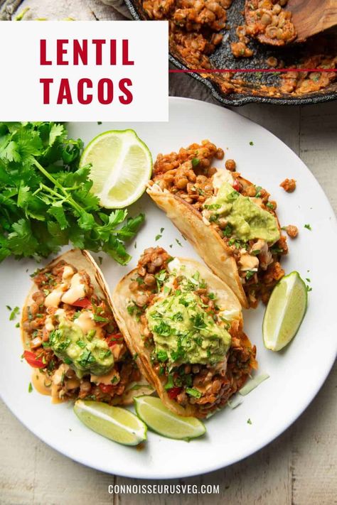 These lentil tacos are a perfect vegan midweek meal! Stuffed with spicy lentil taco "meat" and piled high with your favorite taco toppings, they're as delicious as they are easy to make. Lentil Taco Meat, Veg Tacos, Vegan Taco Meat, Vegan Tacos Meat, Vegetarian Meatballs, Healthy Vegan Dinner Recipes, Taco Toppings, Lentil Tacos, Healthy Vegan Dinner