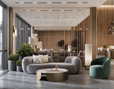 Apartments in Saudi Arabia (part 1) on Behance Hotel Lobby Interior Design, Hotel Lobby Reception, Hotel Lobby Lounge, Modern Hotel Lobby, Modern Lobby, Luxury Hotels Lobby, Lobby Furniture, Lobby Seating, Hotel Lobby Design