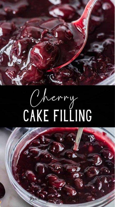 Frozen or fresh cherries can be used in this delicious cherry cake filling. It's thick, flavorful, and perfect for filling cake layers, cupcakes, black forest ice cream, cheesecakes, and pies. This cherry cake filling is made from sweet dark cherries. You can use fresh or frozen cherries, which makes it super easy. It's similar to a cherry compote, but this recipe adds a thickener, while compotes don't. This ensures the result is nice and thick to hold as cake fillings . Black Cherry Recipes, Cherry Filling Recipes, Cherry Cake Filling, Black Forest Ice Cream, Cherry Compote Recipe, Filling Cake, Cherry Pie Filling Recipes, Cherry Frosting, Cherry Recipes Dessert