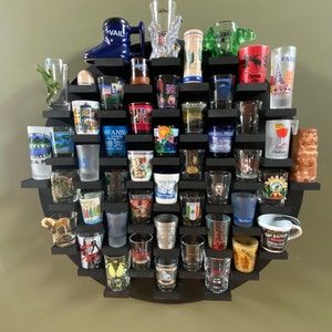 Shot Glass Wall Display, Shot Glass Wall For Party, Shot Glass Display Diy, Liquor Display Ideas, Pallet Shot Glass Display, Mountain Shot Glass Display, Mug Holder Wall, Shot Glass Display, Shot Glasses Display