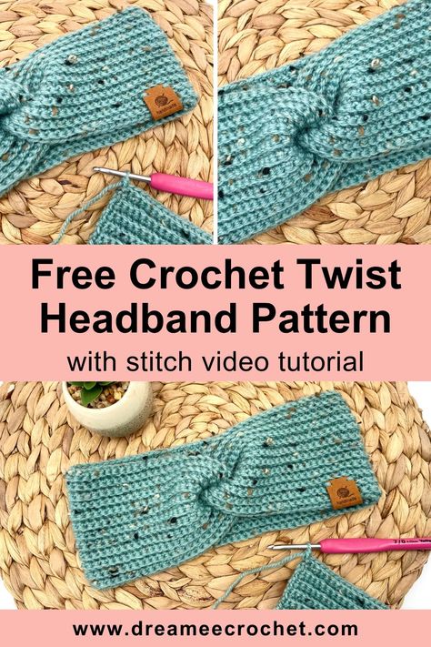 Free crochet twist headband pattern, with step by step stitch video tutorial Crochet Twisted Headband Size Chart, Free Crochet Pattern For Headband, Crochet Pattern For Headband Ear Warmer, Easy Crochet Headband Ear Warmers, Crochet Patterns Ear Warmers, Seed Stitch Knit Headband, Crochet Headband Twist, Crochet Ear Warmer Free Pattern Winter Twisted Headband, Twist Ear Warmer