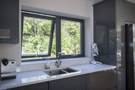 Grey Aluminium Windows, Aluminum Windows Design, Modern Kitchen Window, Modern Window Design, Kitchen Window Design, Model Dapur, Aluminum Windows, Windows Design, House Window Design