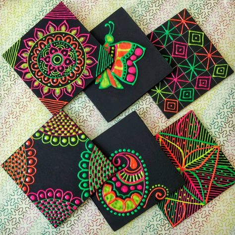 Colourful coasters ! Old but one of my favourite artwork. Decorated with Fevicryl Neon Liners. #Crafts2dio #hobbyideasindia #turnontheneon… Summer Arts And Crafts, Wooden Decorations, Arts And Crafts For Adults, Arts And Crafts For Teens, Coaster Art, Arts And Crafts Furniture, Arts And Crafts House, Fun Arts And Crafts, Mandala Art Lesson