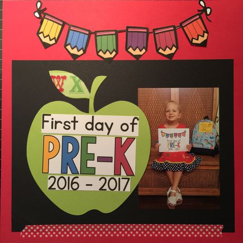 First+Day+of+Pre-K - Scrapbook.com Pre K Scrapbook Ideas, Kindergarten Collage, Scrapbooking Graduation, Preschool Scrapbook, Ruth Brown, Toddler Scrapbook, First Day Of Pre K, Cricut Banner, School Layouts