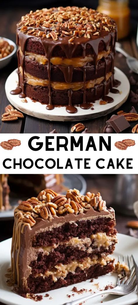 The classic dessert, German Chocolate Cake, is an adored sweet treat with a luscious and luxurious flavor profile that is favored by many. German Chocolate Cake Recipe, German Desserts, German Baking, Homemade Birthday Cakes, Chocolate Layer Cake, German Chocolate Cake, German Chocolate, Just Cakes, Specialty Cakes