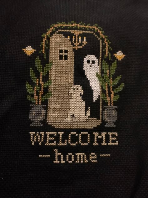 Cross Stitch Welcome Sign, Cottage Core Cross Stitch, Over The Garden Wall Cross Stitch, Goth Alpha Pattern, Witchy Cross Stitch Patterns, Goth Cross Stitch, Spooky Cross Stitch, Gothic Cross Stitch, Witch Cross Stitch