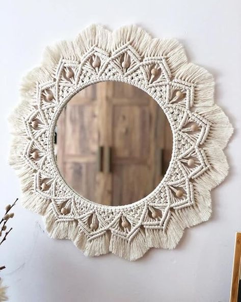 The wall hanging Mirror has unique pattern details, wrapped inside a reusable box, and suitable as a gift idea. This beautiful boho style mirror must be a special gift for your family and friends for Christmas, housewarming, birthday, anniversary, Mother's Day, or just because Round mirror with macrame fringe will draw the eye and make your room more elegant. Can be placed alone or stacked with others, it goes great with woven mirror. (MADE IN INDIA). Woven Mirror, Macrame Round, Macrame Fringe, Wall Hanging Mirror, Macrame Mirror, Mirror Room, Hanging Wall Mirror, Macrame Hanging, Macrame Projects