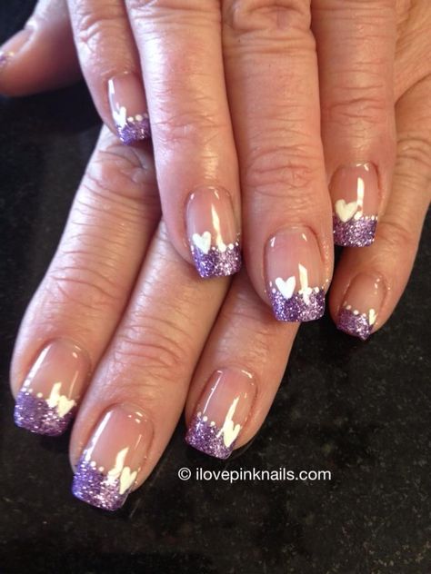 Valentines Day Nails Acrylic French Tips, Glitter Gel Acrylic Nails, Glitter French Tip Gel Nails, Purple February Nails, Valentines Day French Tip Nails, Daisy Duck Nails, Heathers Nails, French Tip Valentines Day Nails, Purple Valentines Day Nails