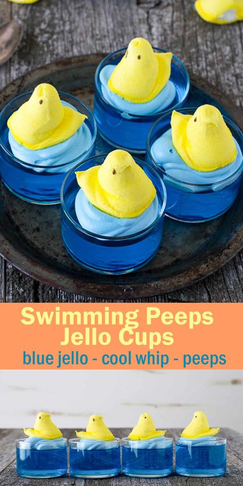 What to make with Peeps? Swimming Peeps Jello Cups! A cute and easy Easter recipe that uses jello, cool whip and peeps! #peeps #easter #peepsdessert Peeps Dessert, Easter Appetizers Easy, Easter Deserts, Quiche Vegan, Easy Easter Recipes, Jello Cups, Easter Party Food, Easter Recipe, Peeps Easter