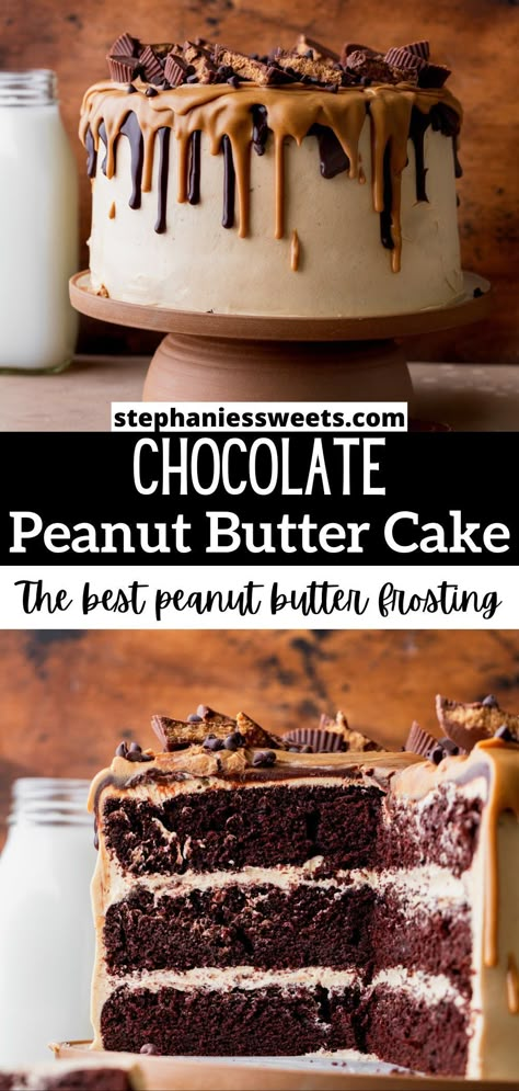 This chocolate peanut butter cake has moist chocolate cake layers with peanut butter frosting. It has a chocolate drip on top and extra peanut butter cups as garnish! Chocolate Peanut Butter Drip Cake, Chocolate Cake With Peanut Butter Icing And Ganache, Chocolate Pb Cake, Choc Peanut Butter Cake, Peanut Butter Chocolate Cake Recipe, Peanut Butter And Chocolate Cake, Peanut Butter Cake Recipes, Drip Cake Designs, Reeses Peanut Butter Cake