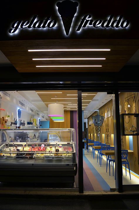 New ice cream shop in Belgrade, Serbia!GELATO FREDDO Ice Cream Shop Facade, Ice Cream Shop Counter Design, Small Shop Interior, Cake Shop Design, Bakery Shop Interior, Cafe Ice Cream, Gelato Bar, Ice Cream Business, Bakery Shop Design